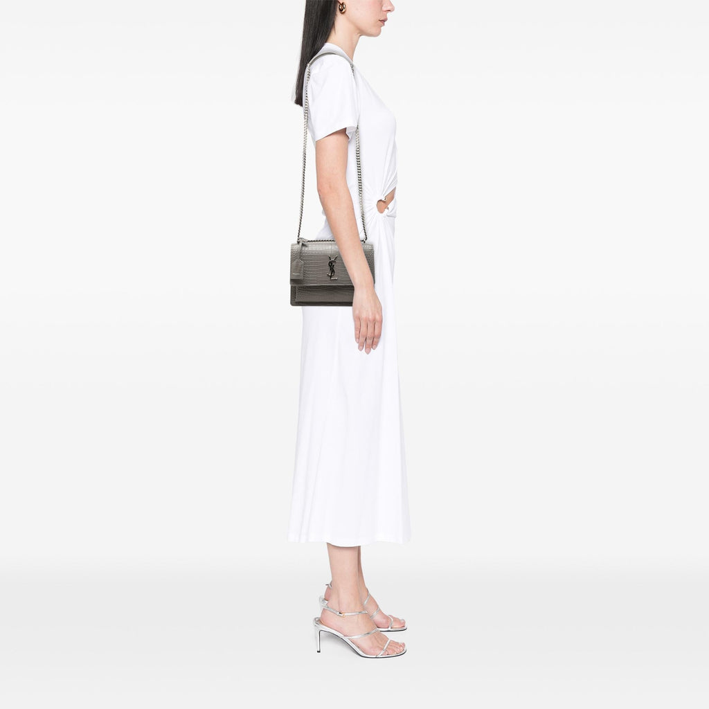 Saint Laurent Medium Croc Embossed Leather Monogram Sunset Crossbody Bag - Grey