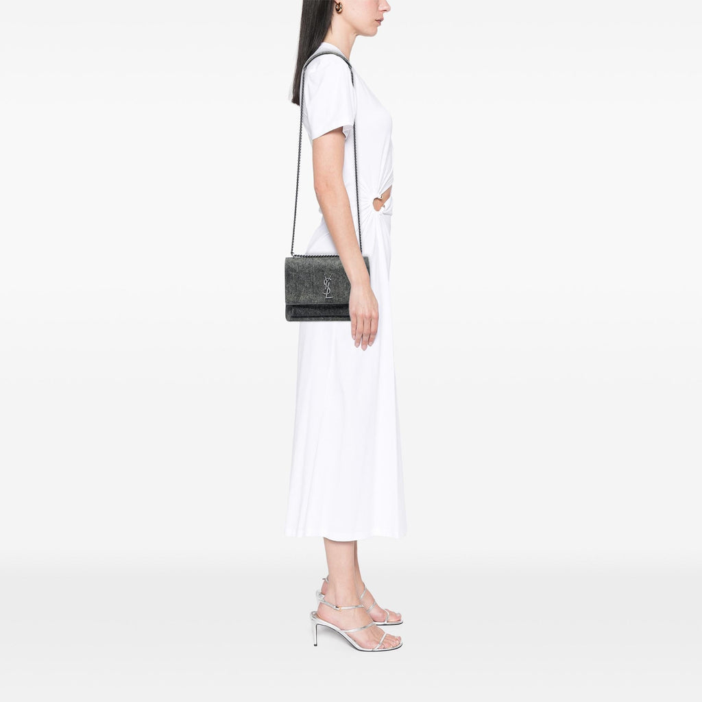 Saint Laurent Medium Denim Monogram Sunset Crossbody Bag - Grey