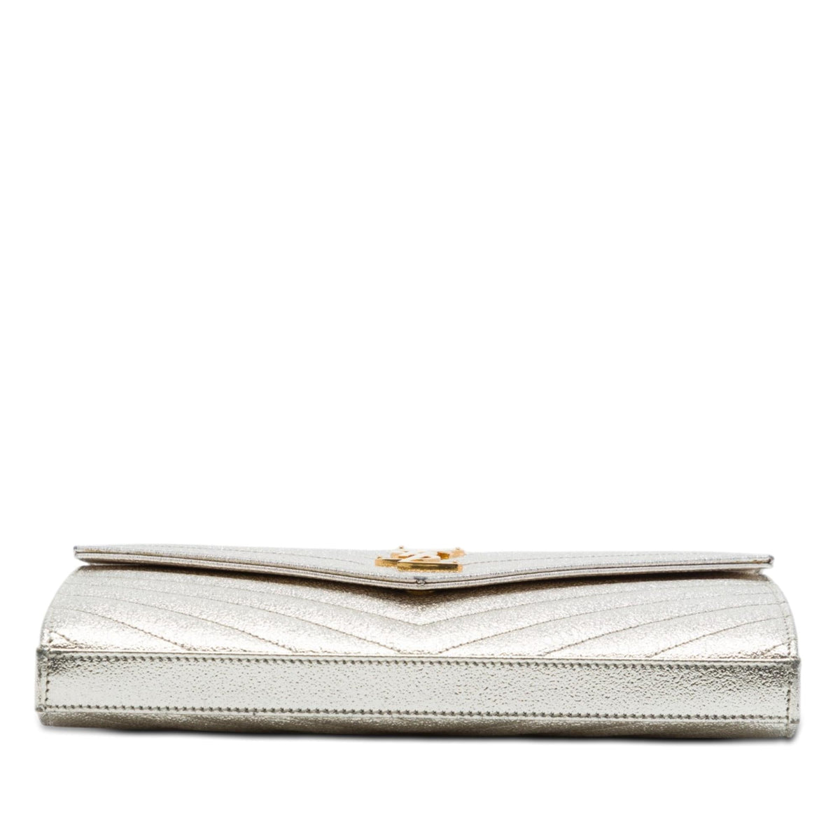 Saint Laurent Metallic Grain De Poudre Matelasse Chevron Monogram Chain Wallet - Gold