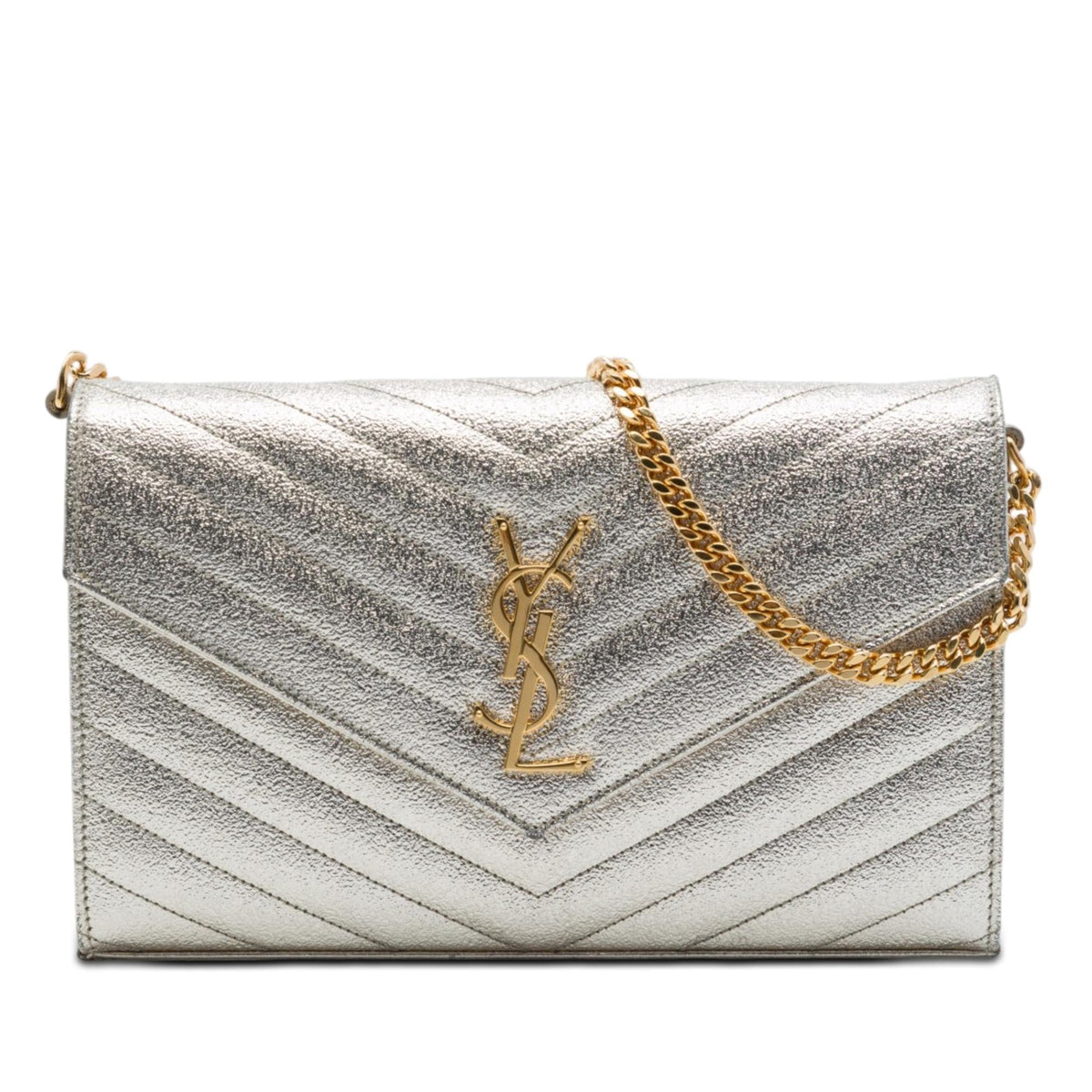 Saint Laurent Metallic Grain De Poudre Matelasse Chevron Monogram Chain Wallet - Gold