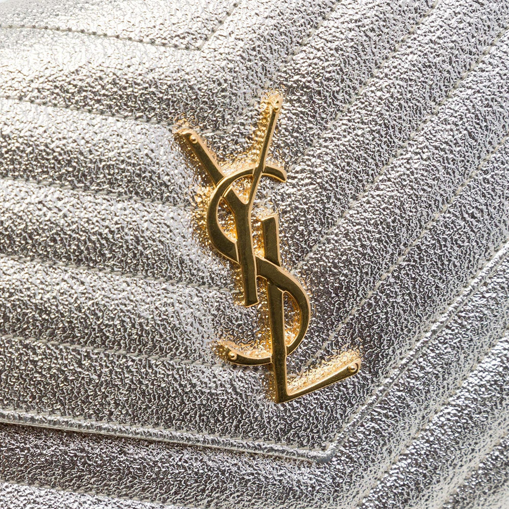 Saint Laurent Metallic Grain De Poudre Matelasse Chevron Monogram Chain Wallet - Gold