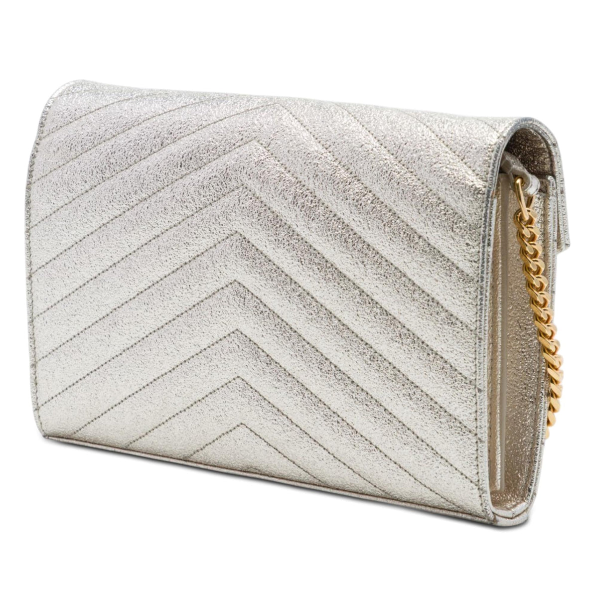Saint Laurent Metallic Grain De Poudre Matelasse Chevron Monogram Chain Wallet - Gold