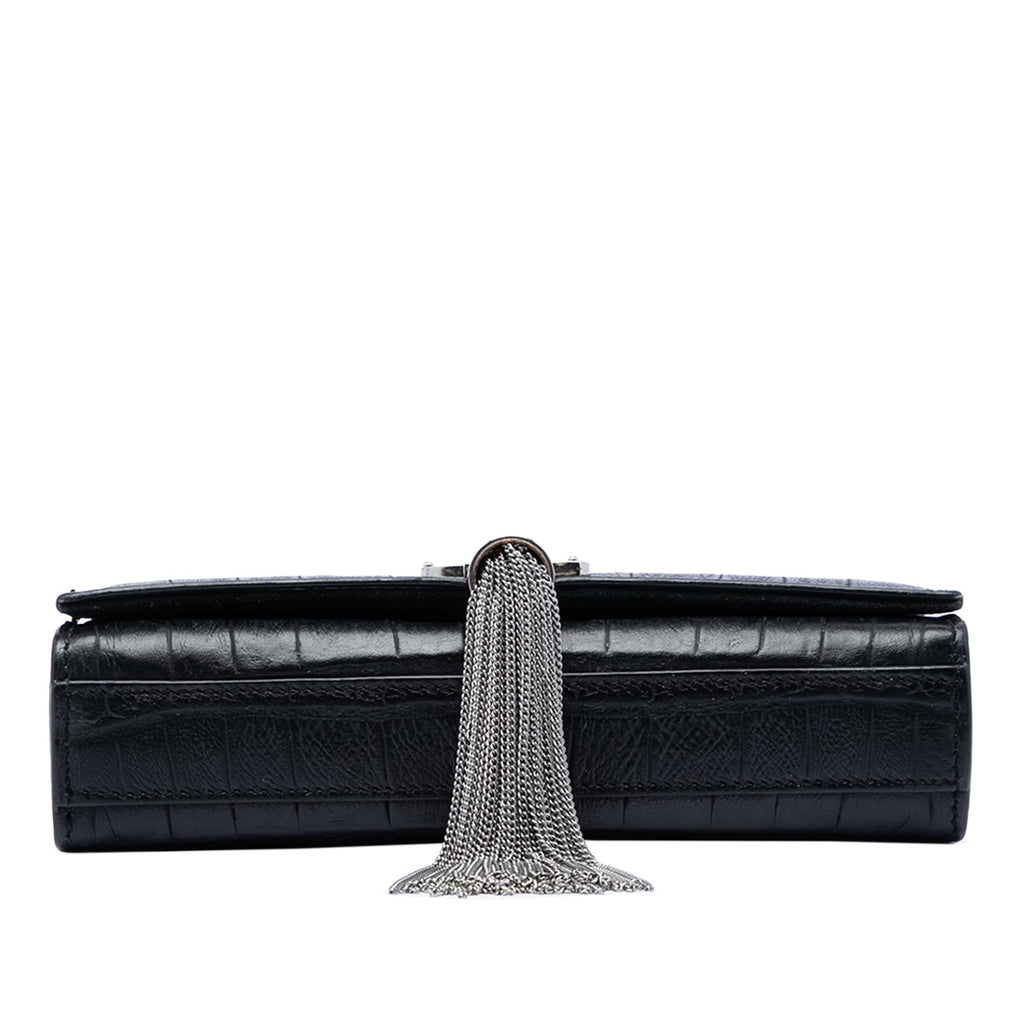 Saint Laurent Small Croc Embossed Leather Monogram Kate Tassel Crossbody Bag - Black