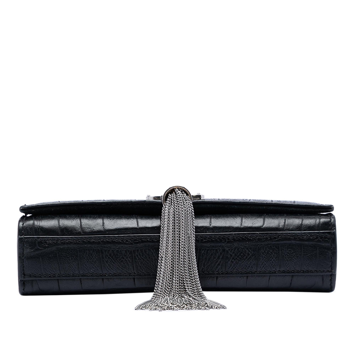 Saint Laurent Small Croc Embossed Leather Monogram Kate Tassel Crossbody Bag - Black