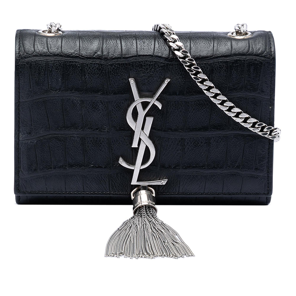 Saint Laurent Small Croc Embossed Leather Monogram Kate Tassel Crossbody Bag - Black