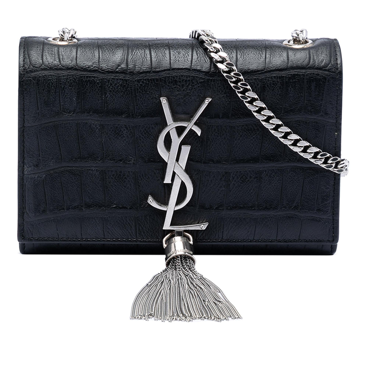 Saint Laurent Small Croc Embossed Leather Monogram Kate Tassel Crossbody Bag - Black