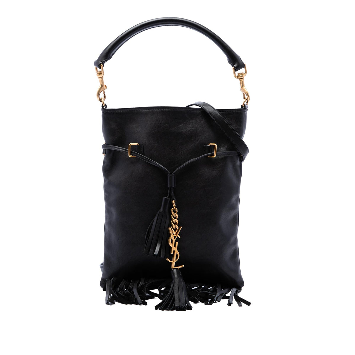 Saint Laurent Small Leather Fringe Flat Bucket Bag - Black