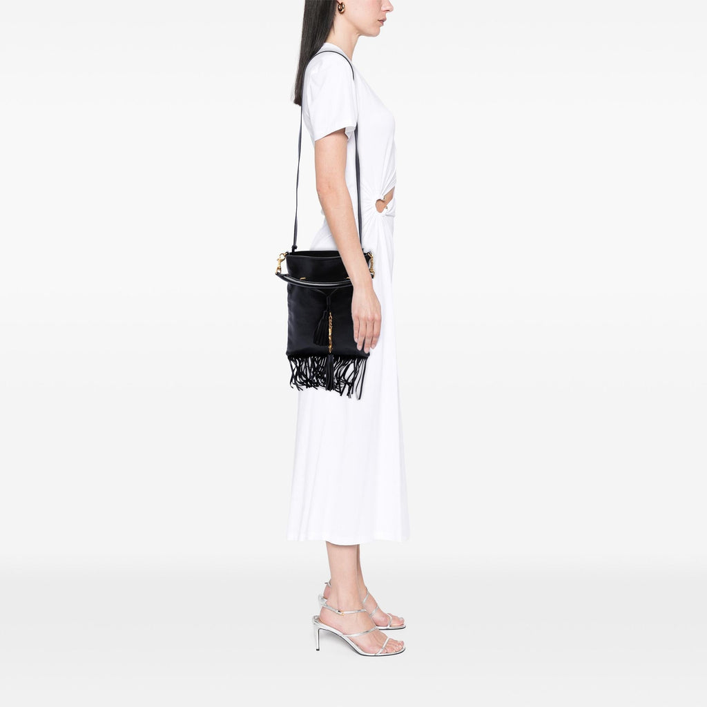 Saint Laurent Small Leather Fringe Flat Bucket Bag - Black
