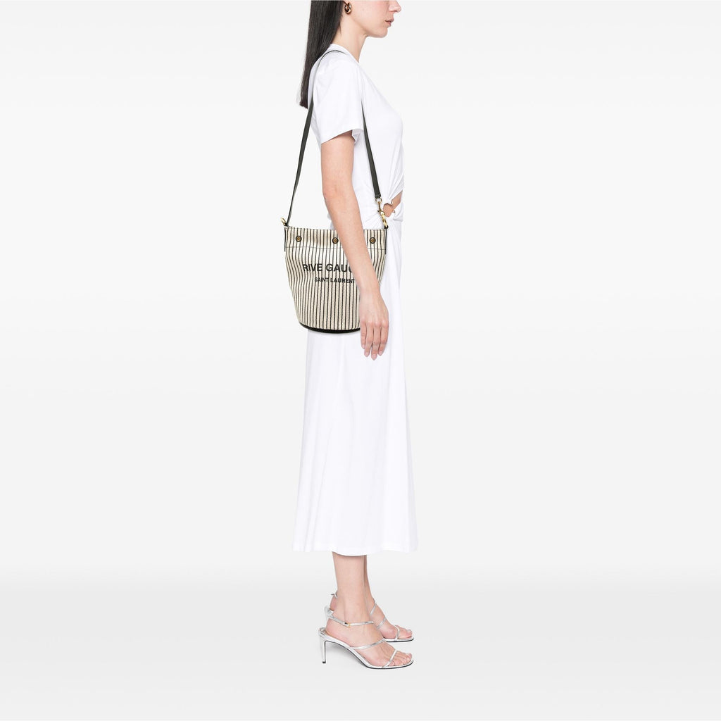 Saint Laurent Striped Canvas Rive Gauche Bucket Bag - White