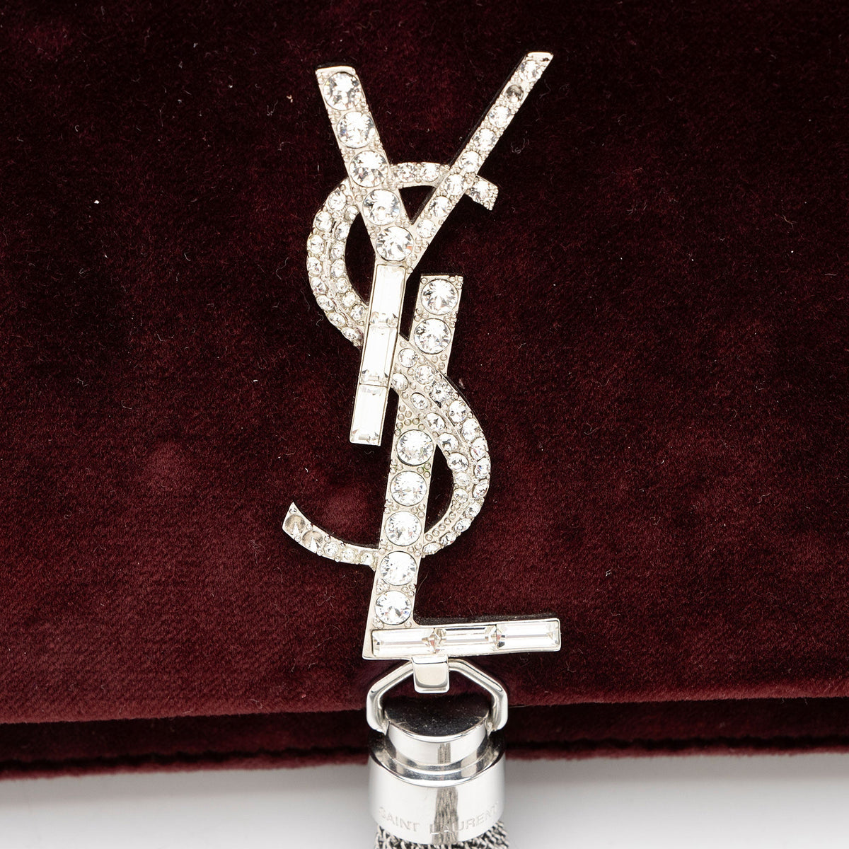 Saint Laurent Velvet Crystal Monogram Kate Tassel Chain Wallet - Red