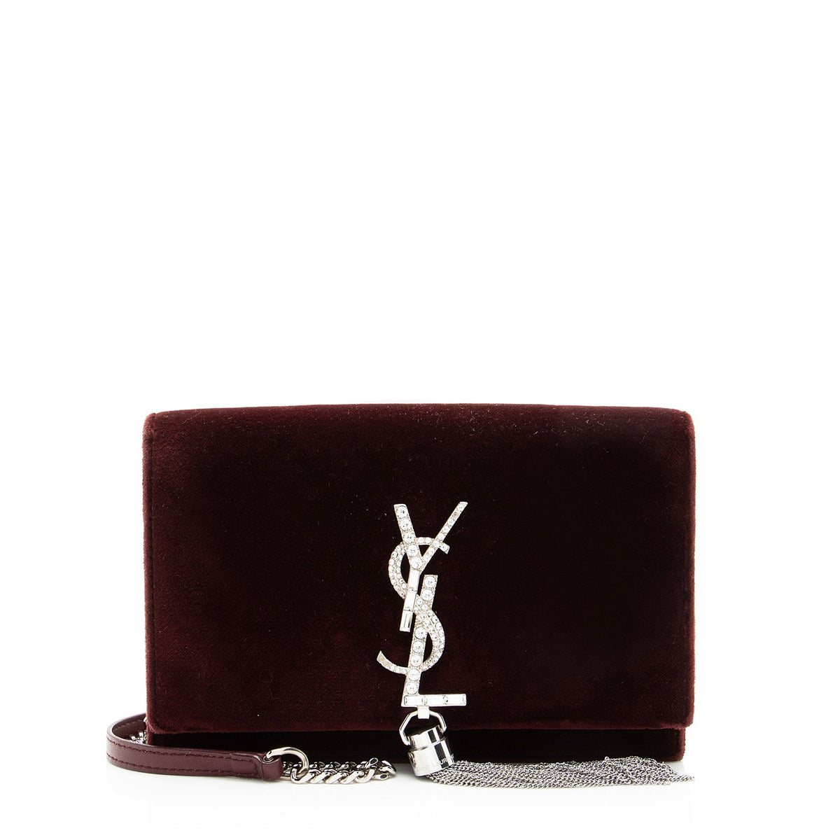 Saint Laurent Velvet Crystal Monogram Kate Tassel Chain Wallet - Red