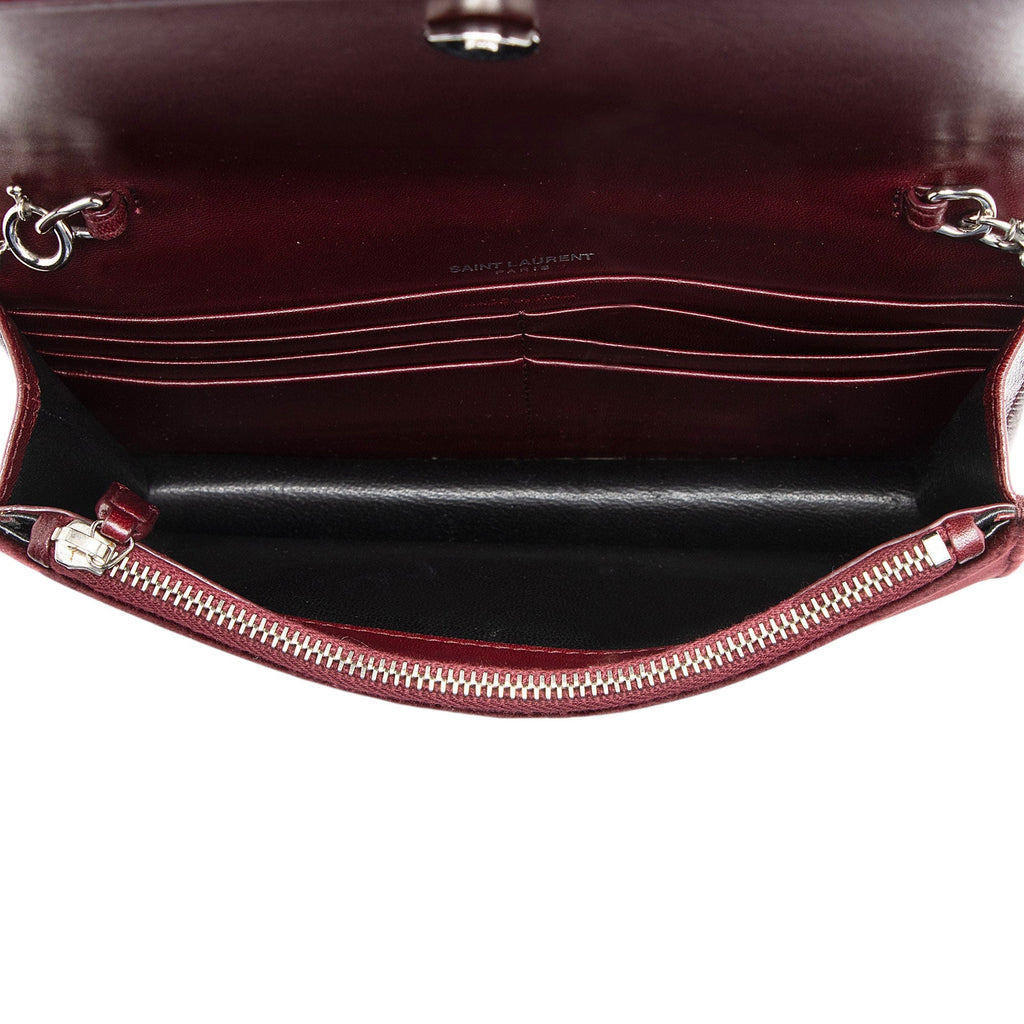 Saint Laurent Velvet Crystal Monogram Kate Tassel Chain Wallet - Red
