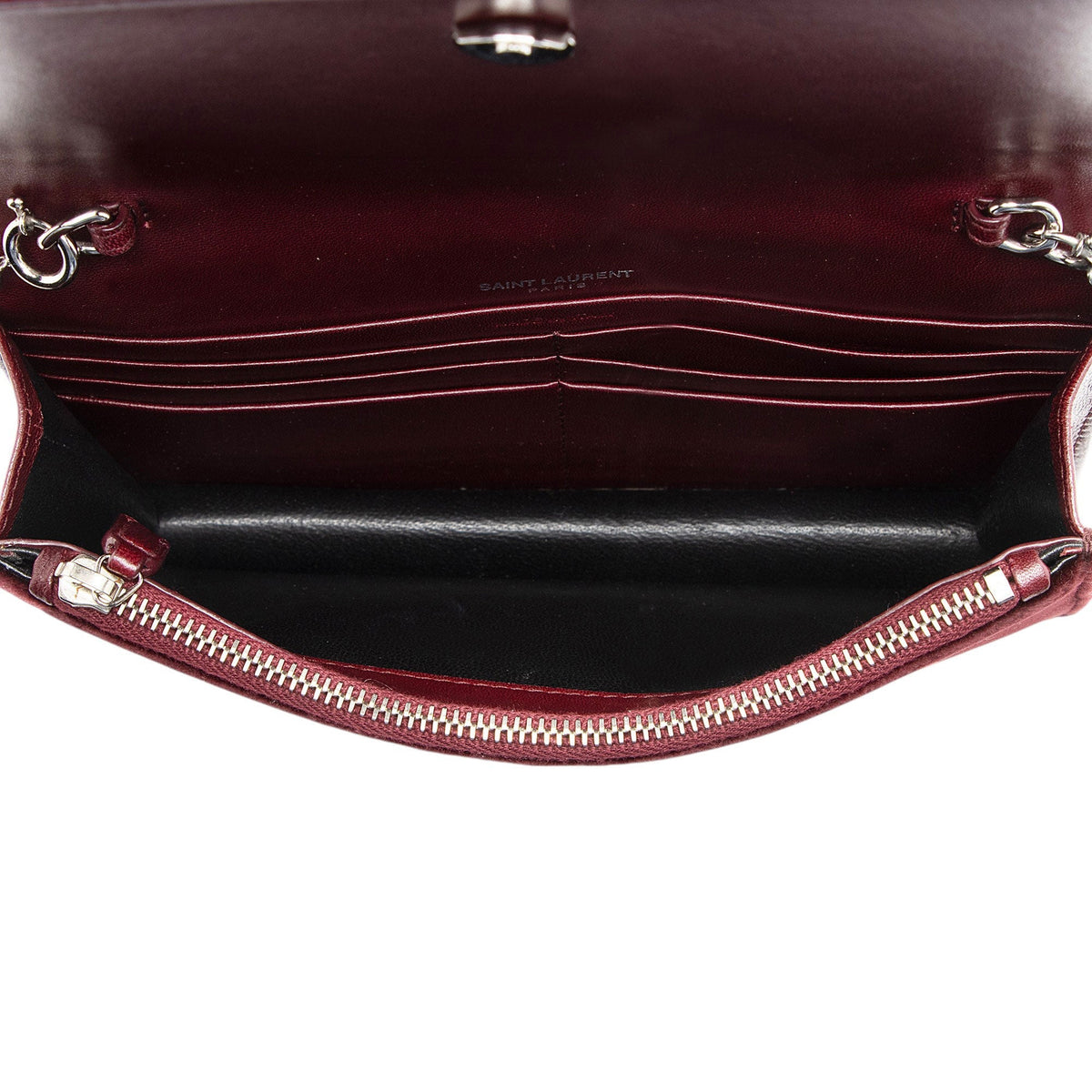 Saint Laurent Velvet Crystal Monogram Kate Tassel Chain Wallet - Red