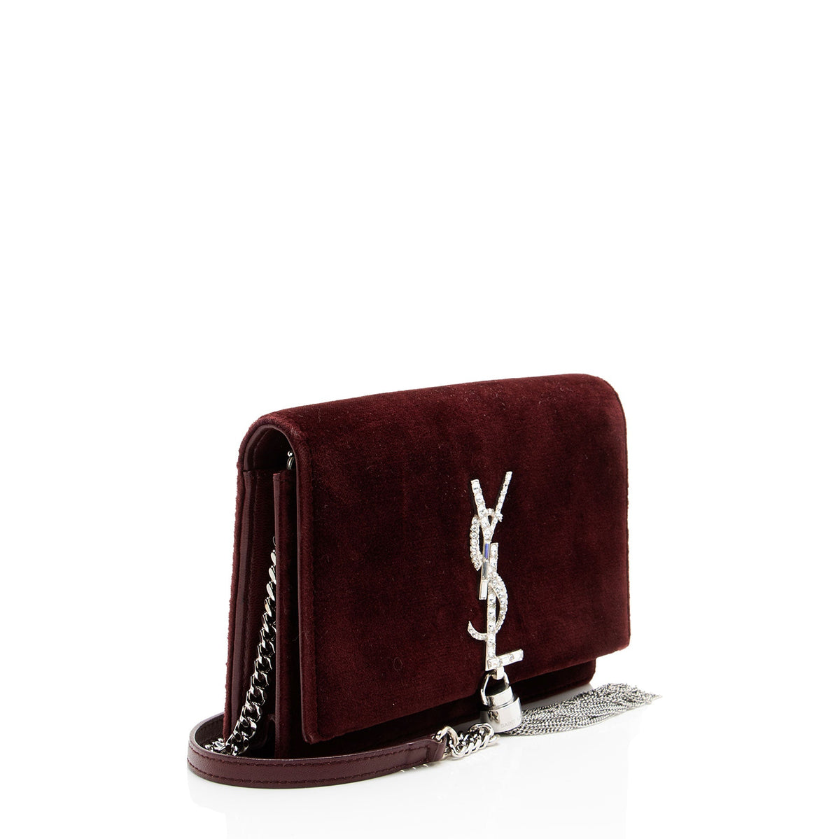 Saint Laurent Velvet Crystal Monogram Kate Tassel Chain Wallet - Red