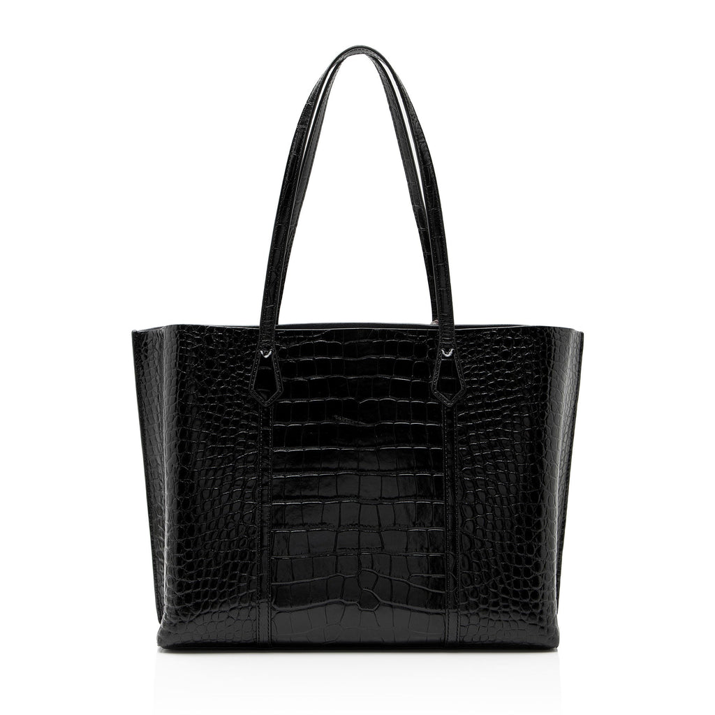 Tory Burch Croc Embossed Leather Perry Triple Compartment Tote Bag - Black