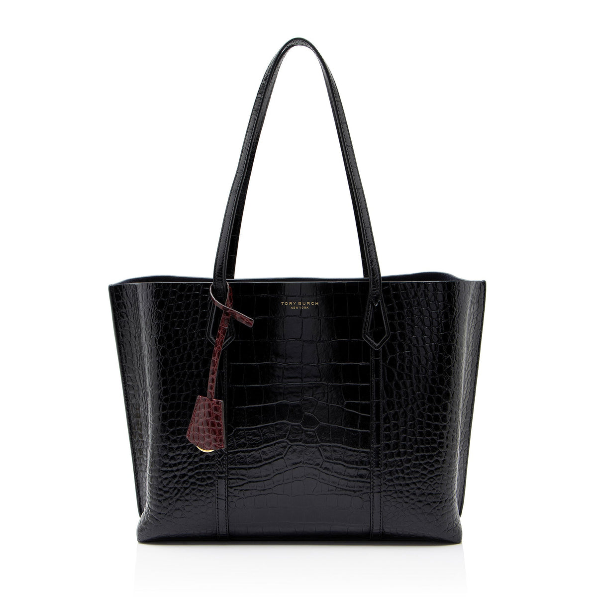 Tory Burch Croc Embossed Leather Perry Triple Compartment Tote Bag - Black