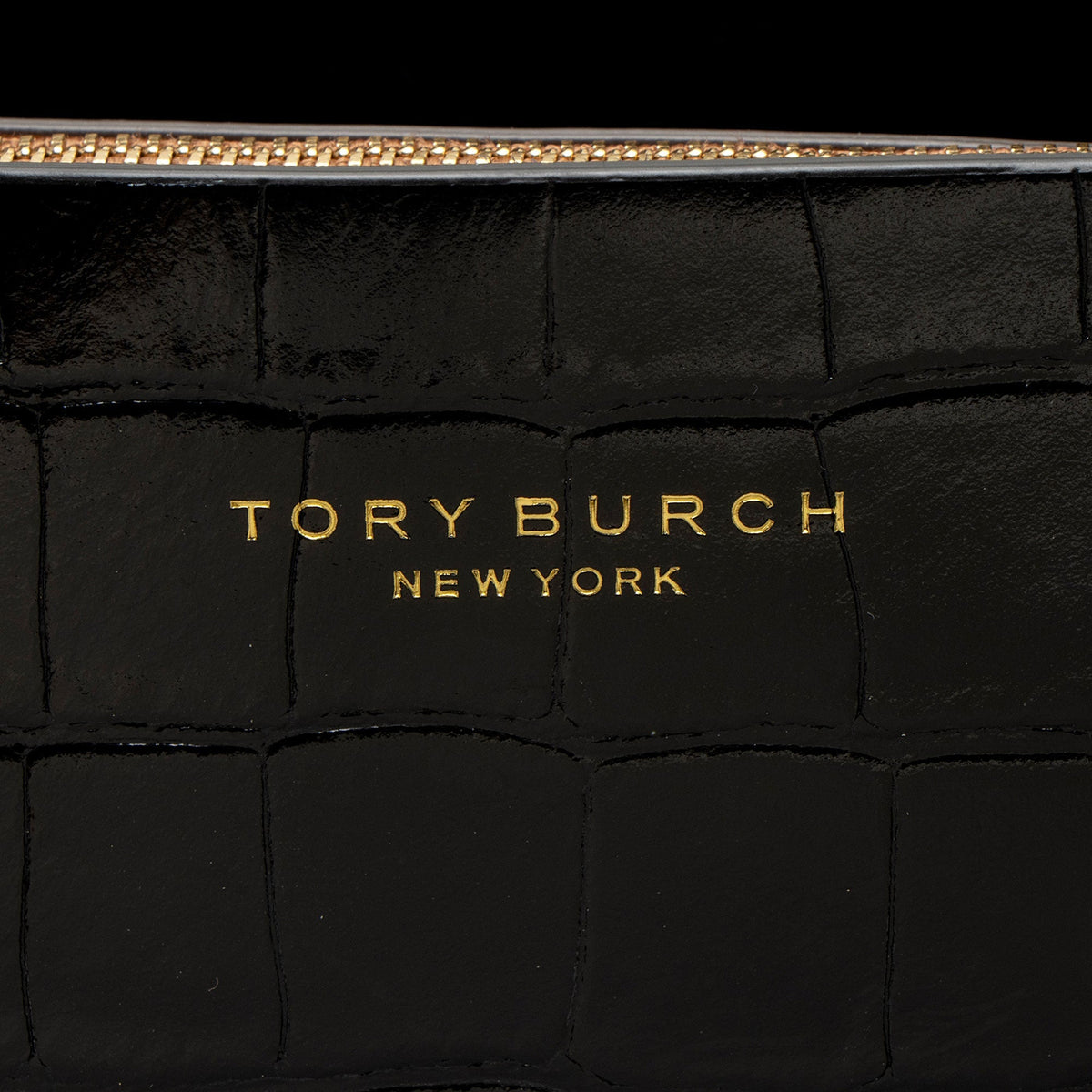 Tory Burch Croc Embossed Leather Perry Triple Compartment Tote Bag - Black