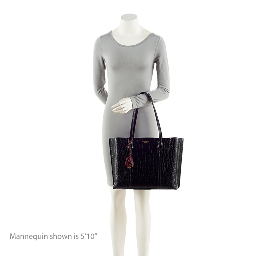 Tory Burch Croc Embossed Leather Perry Triple Compartment Tote Bag - Black