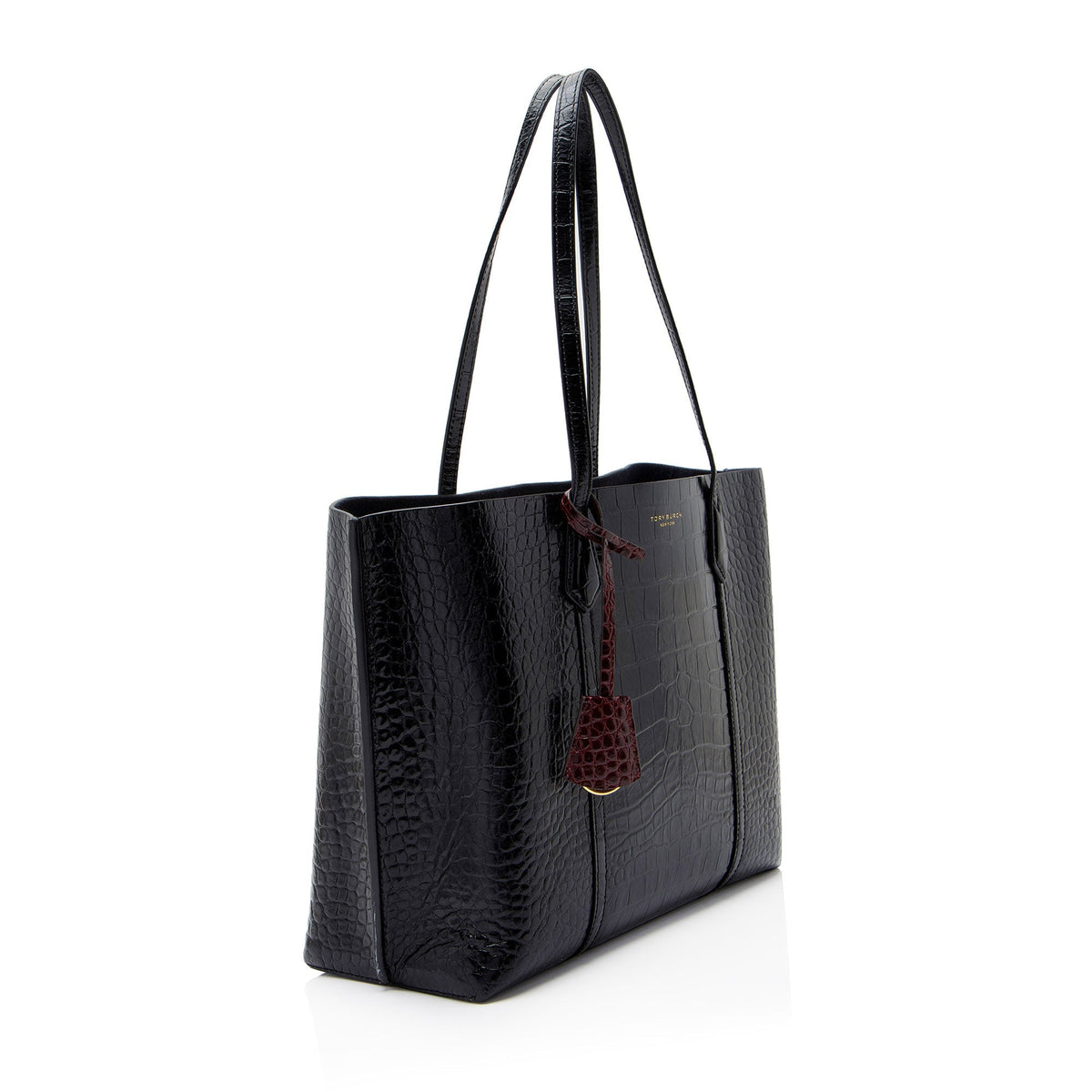 Tory Burch Croc Embossed Leather Perry Triple Compartment Tote Bag - Black