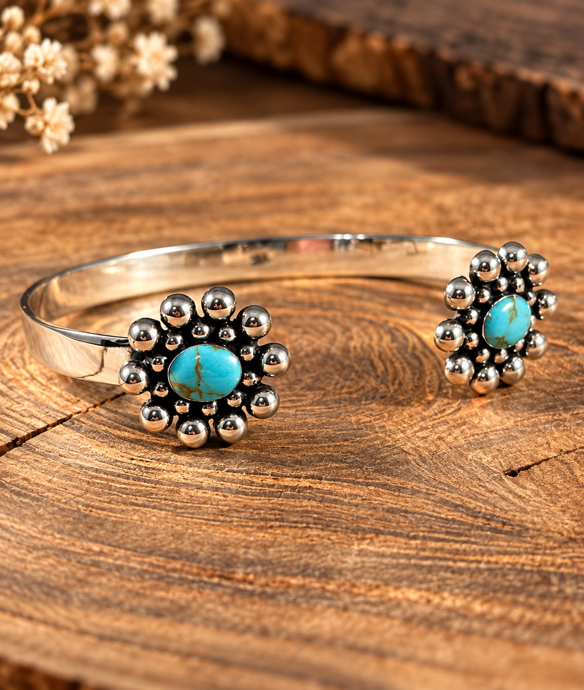 Boho Sol: Turquoise Blossom Cuff Bracelet