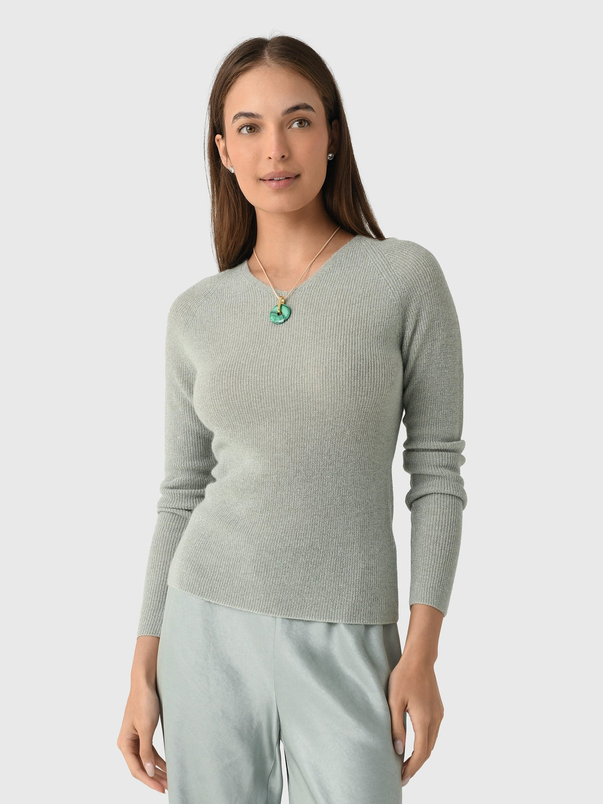 Vince Women's Metallic Ribbed High V-Neck Sweater