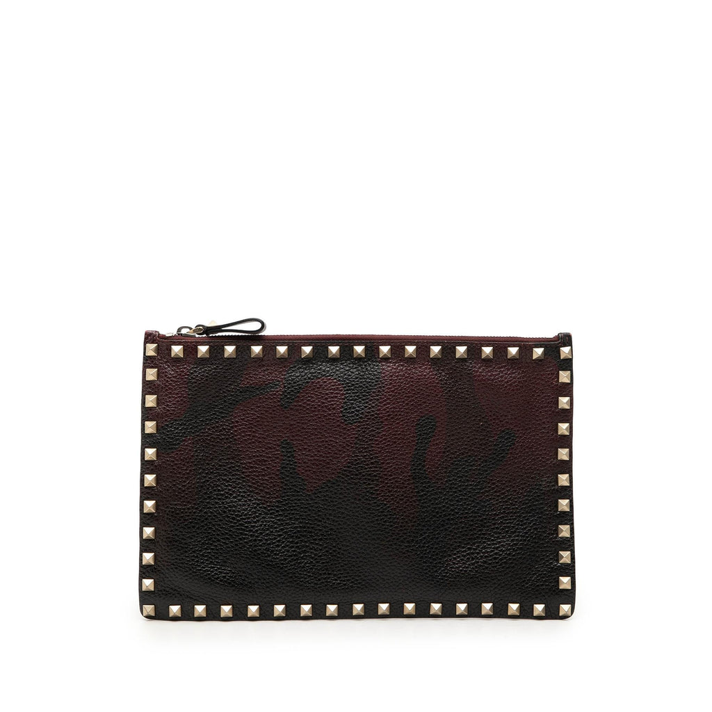 Valentino Grained Calfskin Rockstud Camouflage Zip Clutch - Red