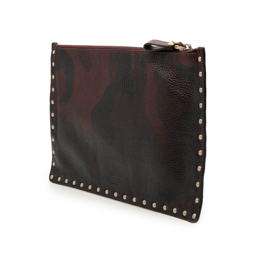 Valentino Grained Calfskin Rockstud Camouflage Zip Clutch - Red