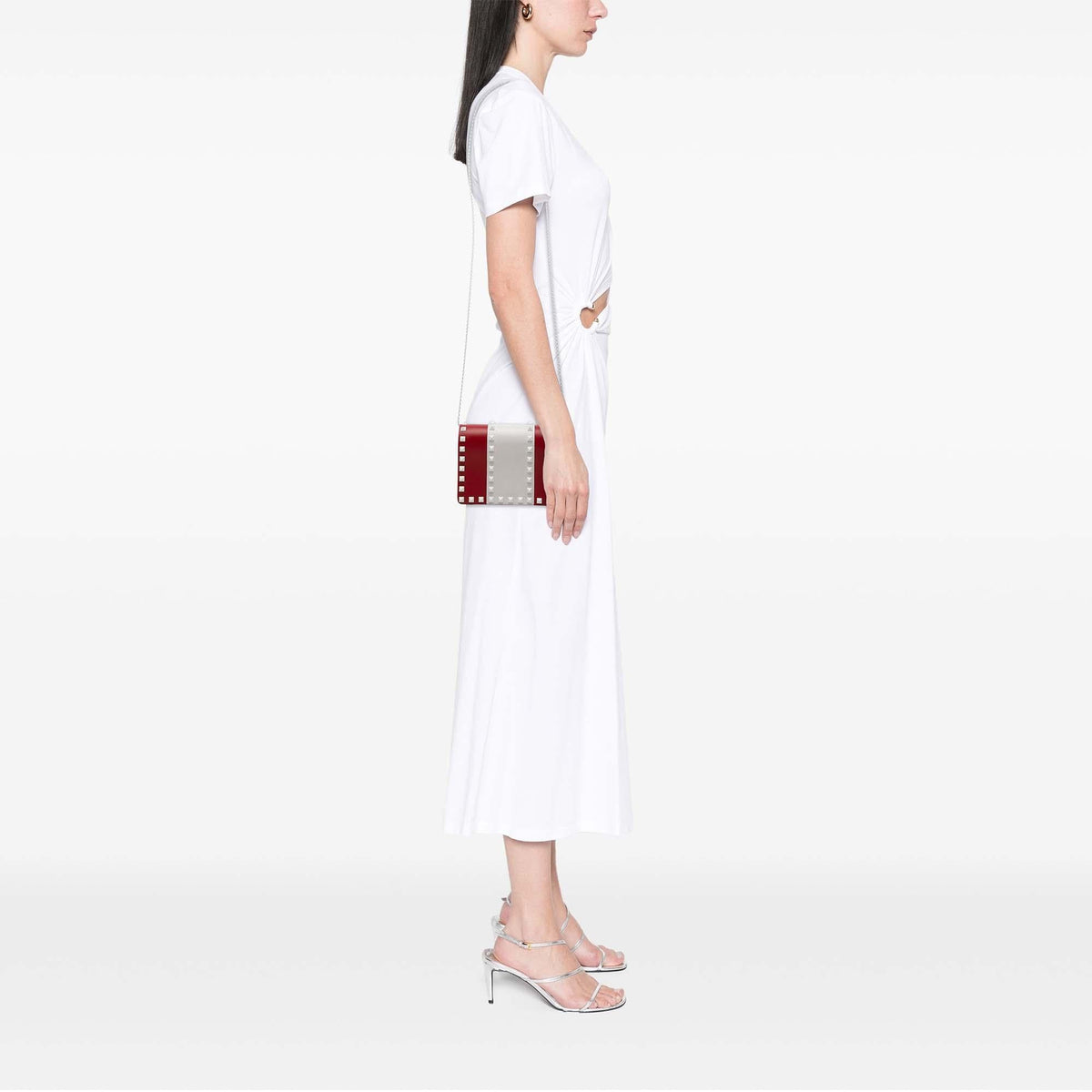 Valentino Leather Colorblock Rockstud Wallet on Chain - Red/White