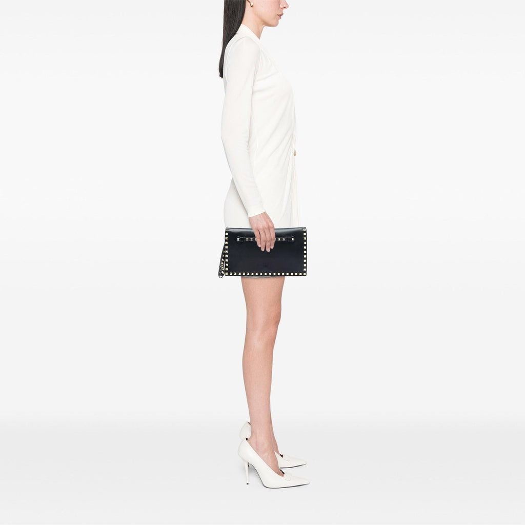 Valentino Leather Rockstud Flap Clutch - Black
