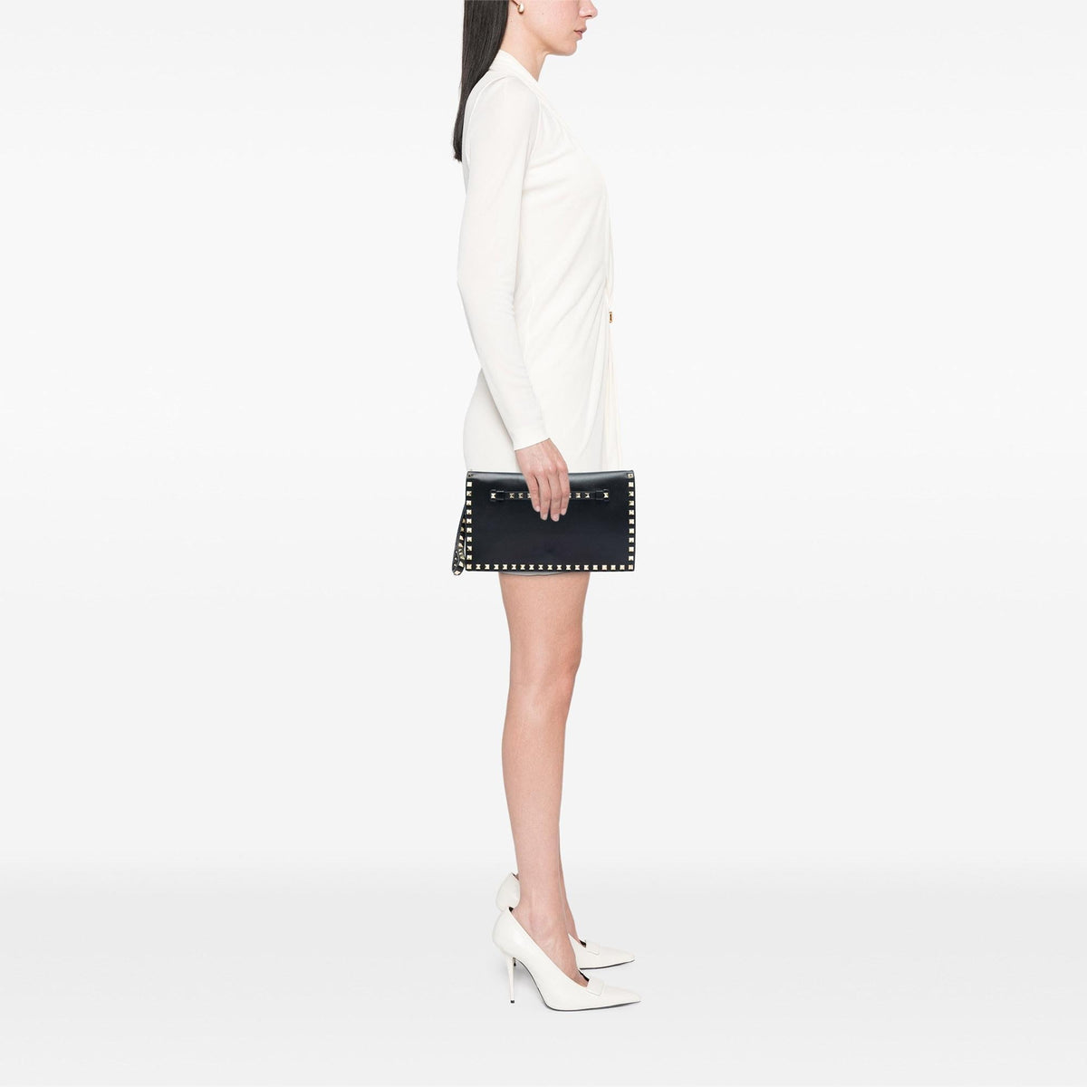 Valentino Leather Rockstud Flap Clutch - Black