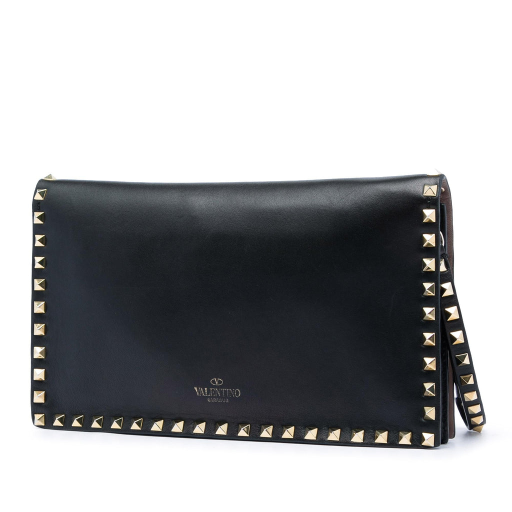 Valentino Leather Rockstud Flap Clutch - Black