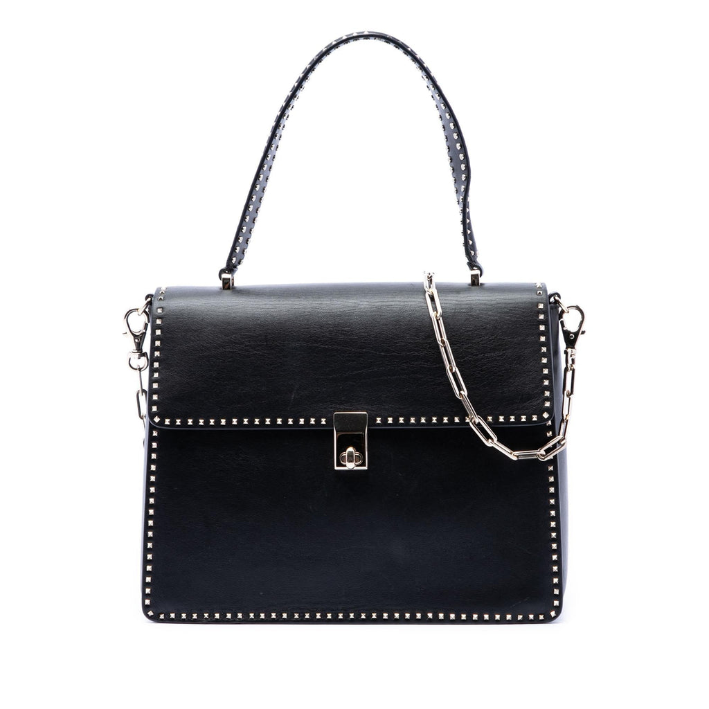 Valentino Leather Rockstud Top Handle Bag - Black
