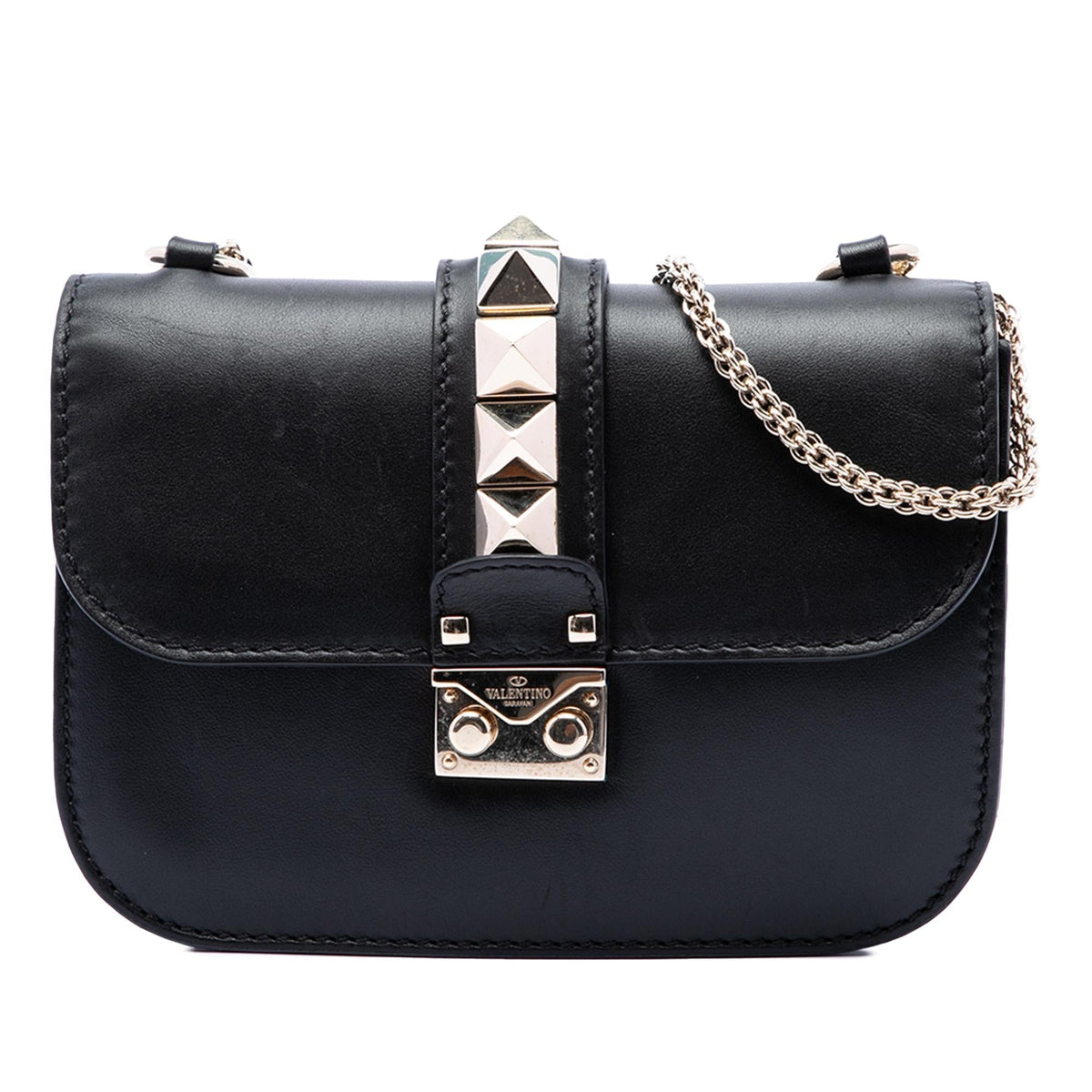 Valentino Small Leather Rockstud Glam Lock Crossbody Bag - Black