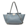 Valentino Small Leather Rockstud Trapeze Satchel - Blue