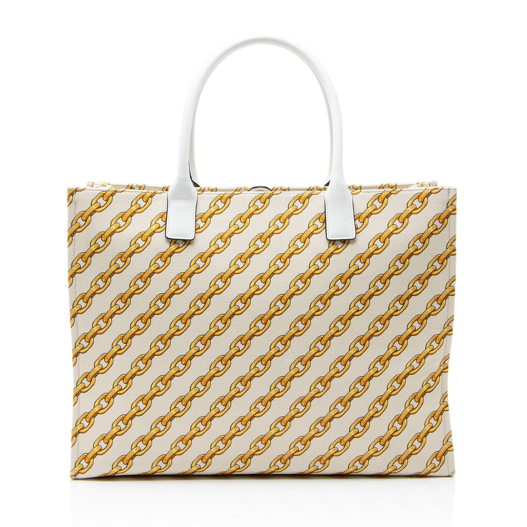 Versace Chain Link Canvas La Medusa Large Tote Bag - Beige/Gold