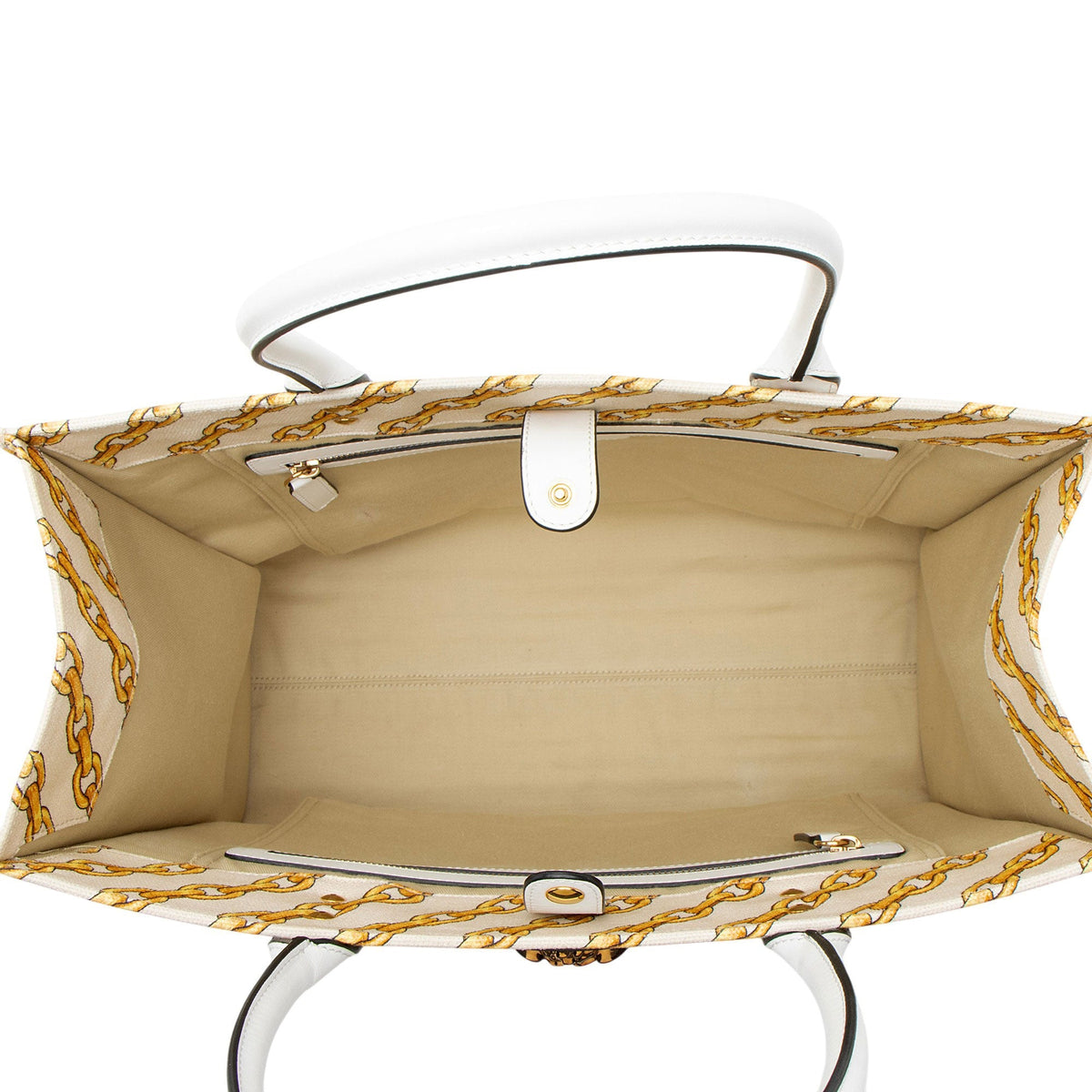 Versace Chain Link Canvas La Medusa Large Tote Bag - Beige/Gold