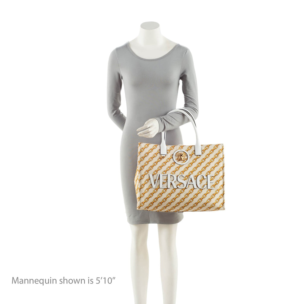 Versace Chain Link Canvas La Medusa Large Tote Bag - Beige/Gold