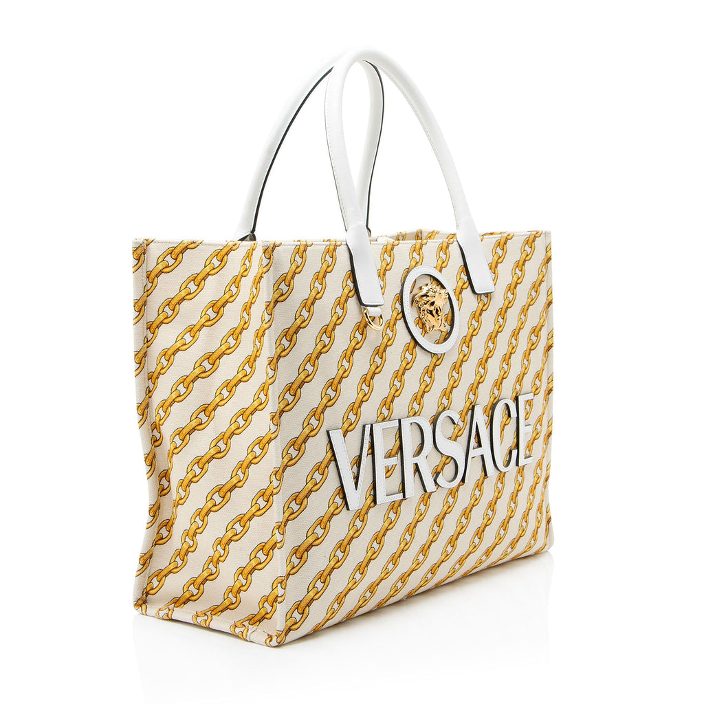 Versace Chain Link Canvas La Medusa Large Tote Bag - Beige/Gold