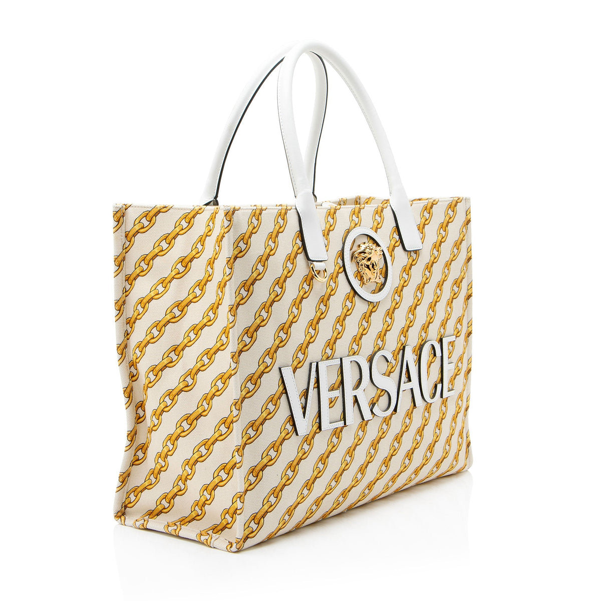 Versace Chain Link Canvas La Medusa Large Tote Bag - Beige/Gold