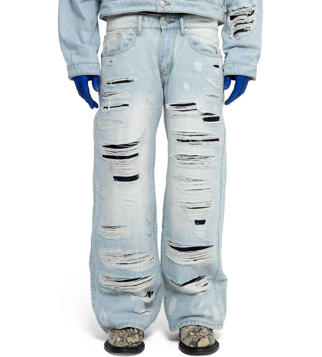 WNTD Distressed Double Denim Pants Blue