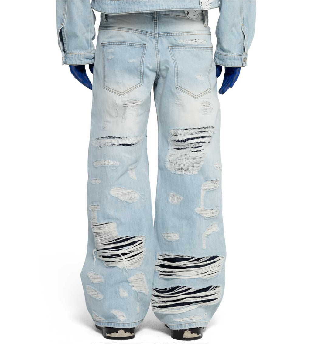 WNTD Distressed Double Denim Pants Blue