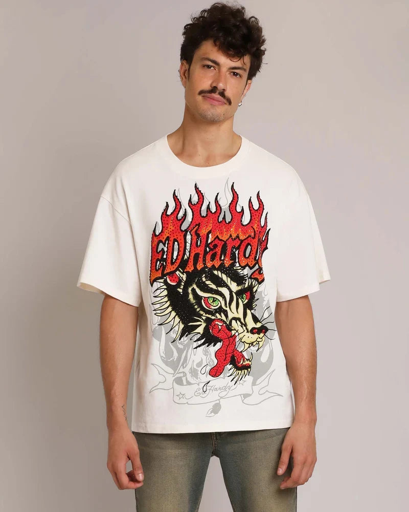 ED HARDY WOLF HEAD RHINESTONE BOXY TEE IVORY