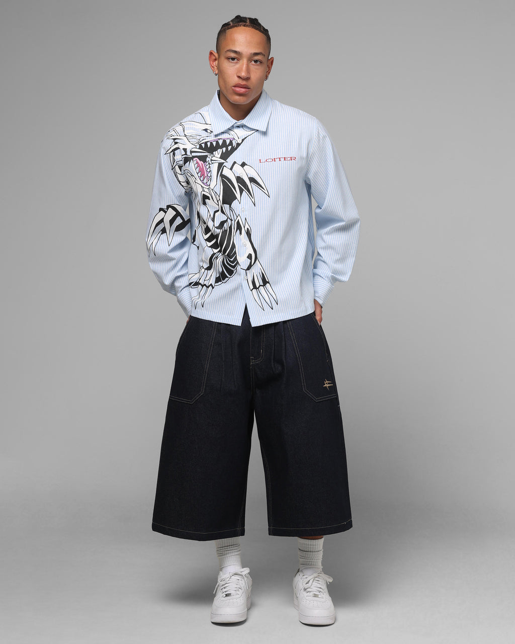 Loiter x Yu-Gi-Oh! Blue Eyes Button Up Shirt Blue Stripe