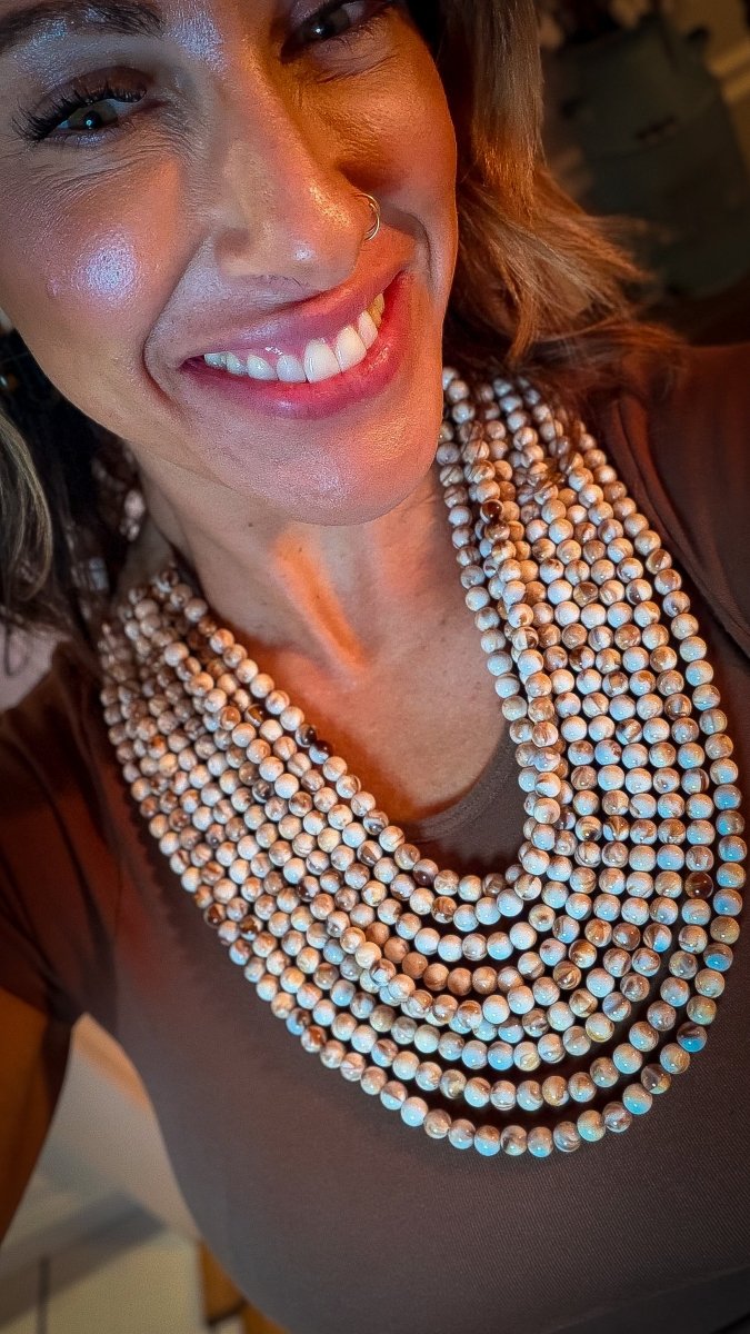 Beaded Multi Layered Necklace In Ivory Brown