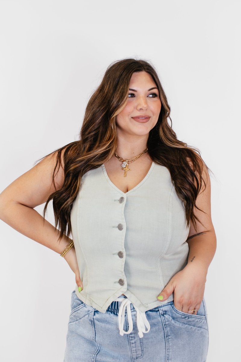 BLACK FRIDAY DEAL: Button Down Vest in Pistachio - Reg/Curvy -FINAL SALE