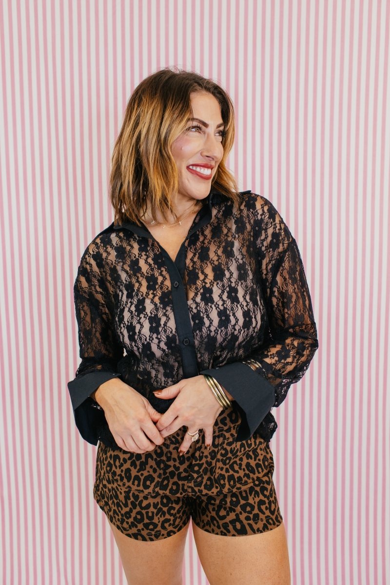 Classic Kathryn Button Up Top In Black Lace - Reg & Curvy