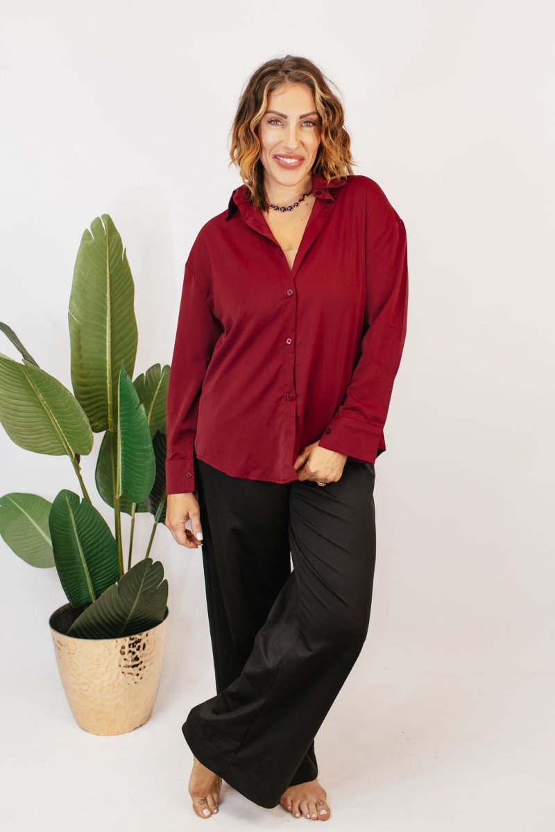 Classic Kathryn Button Up Top in Maroon - Reg & Curvy
