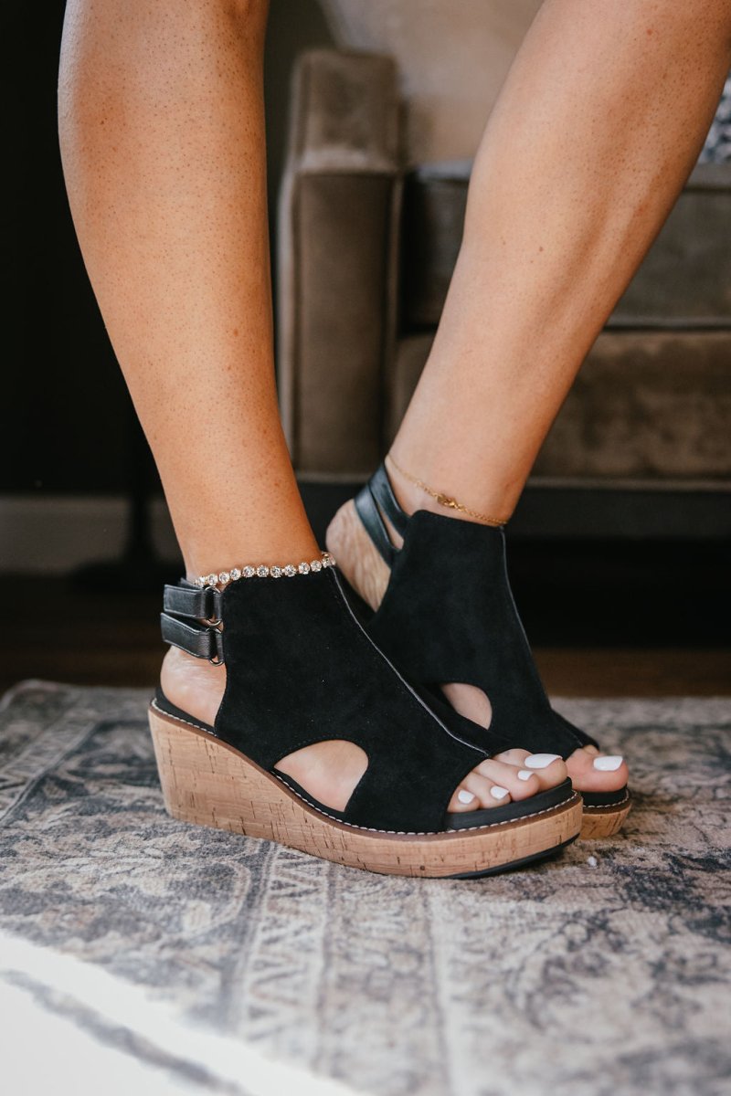 Corky's Black Faux Suede Falling Hard Wedges