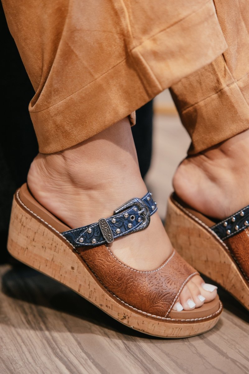 Corky's Cognac Embossed Need A Favor Wedges