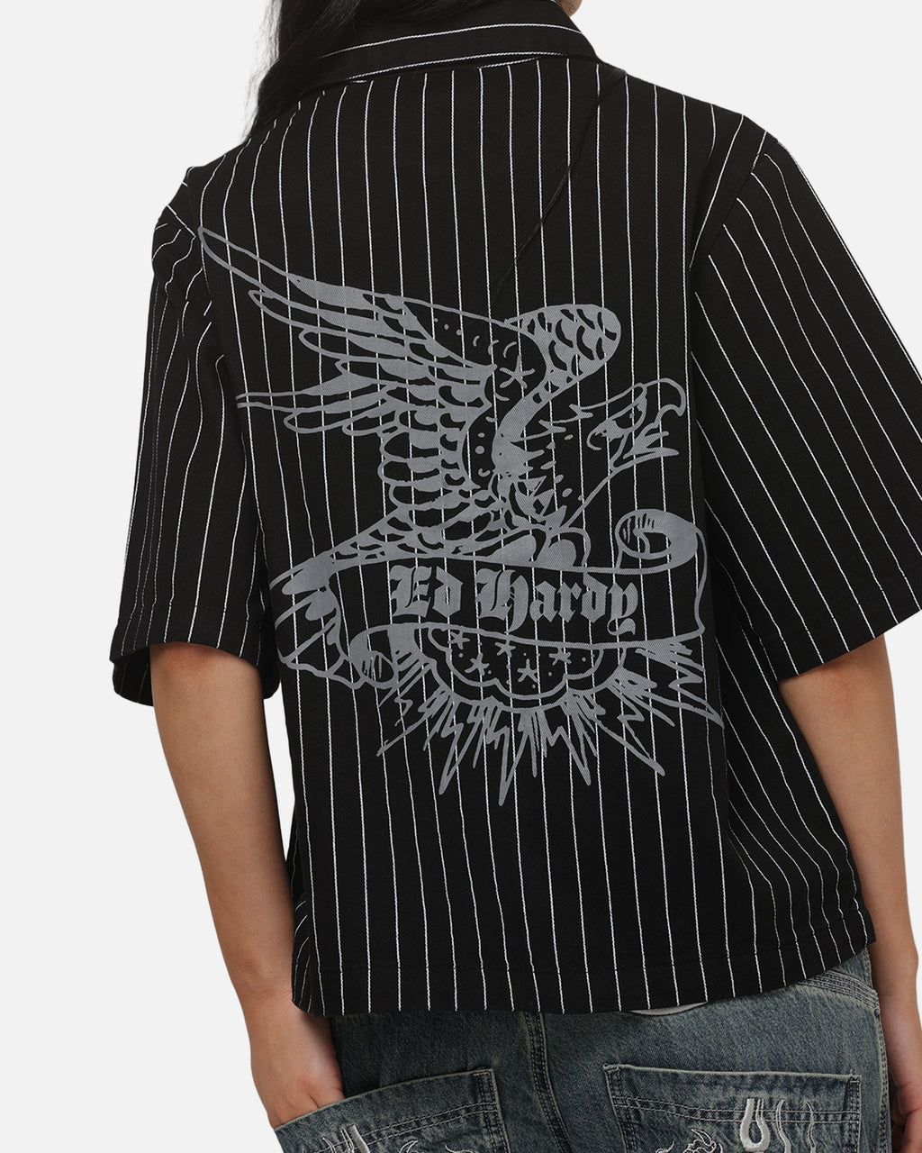 Ed Hardy Eagle Button Up Shirt Black Pinstripe